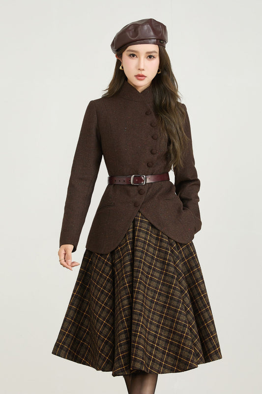 Vintage Wool Blend Short Coat – Handmade Brown Tailored Jacket | Xiaolizi 5566