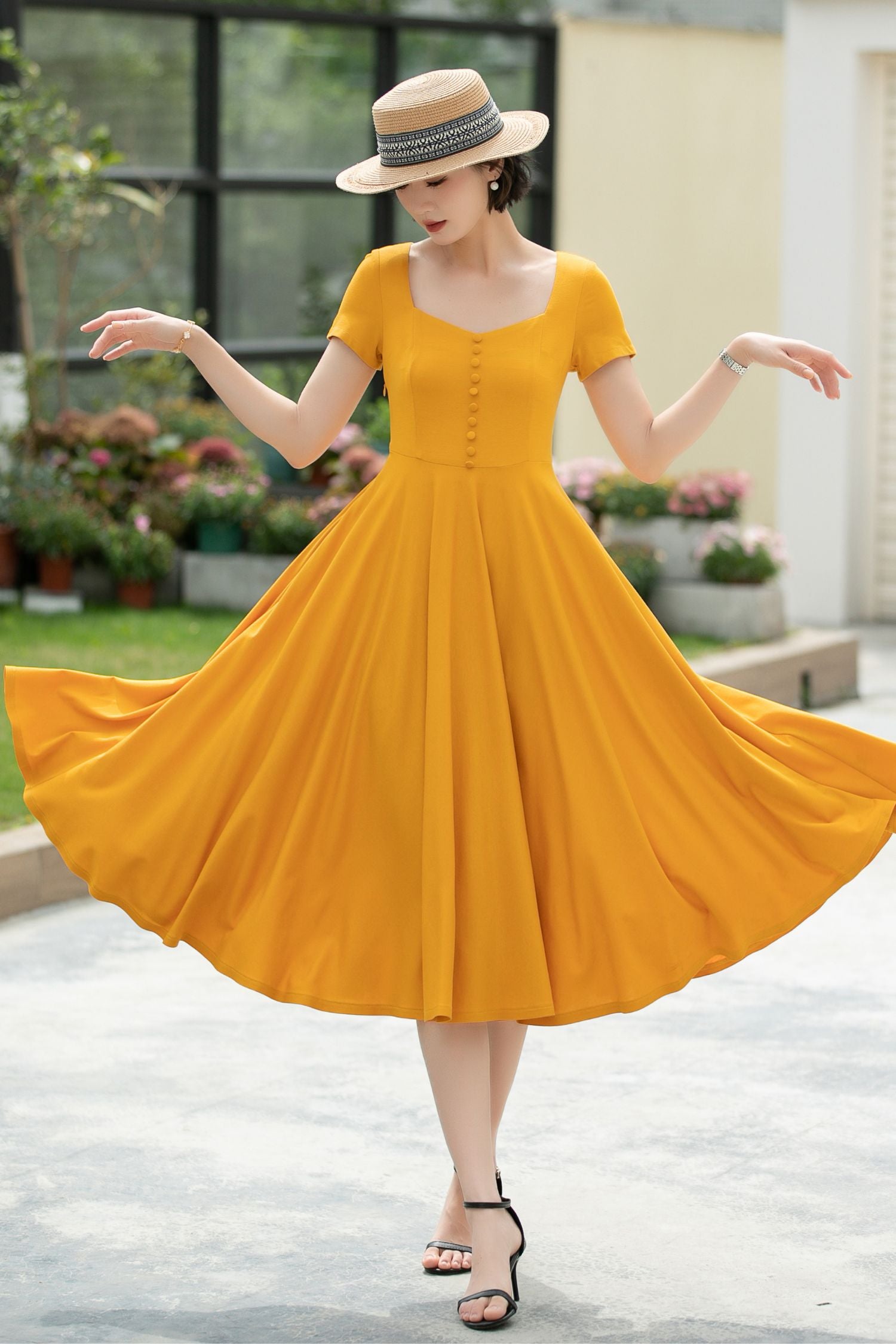 Square Neck Midi Dress, Linen Blend
