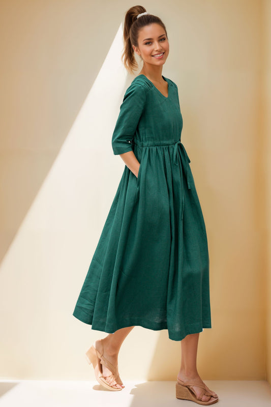 Green Linen Midi Dress - Drawstring Waist, Half Sleeves 4975