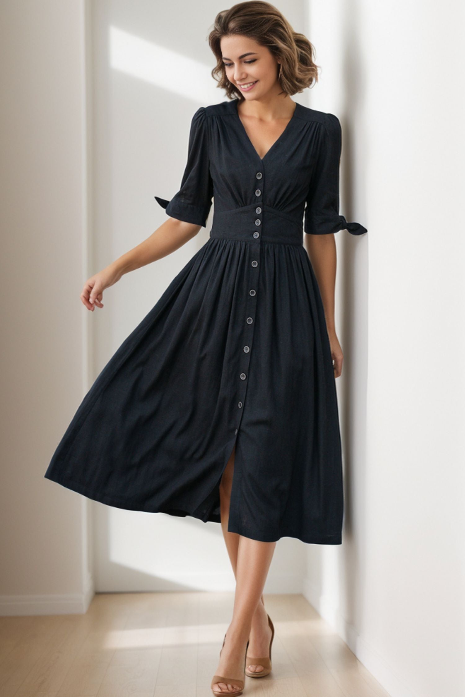 Black midi linen dress with V neckline 5129 Xiaolizi Black midi linen dress with V neckline 5129 Xiaolizi