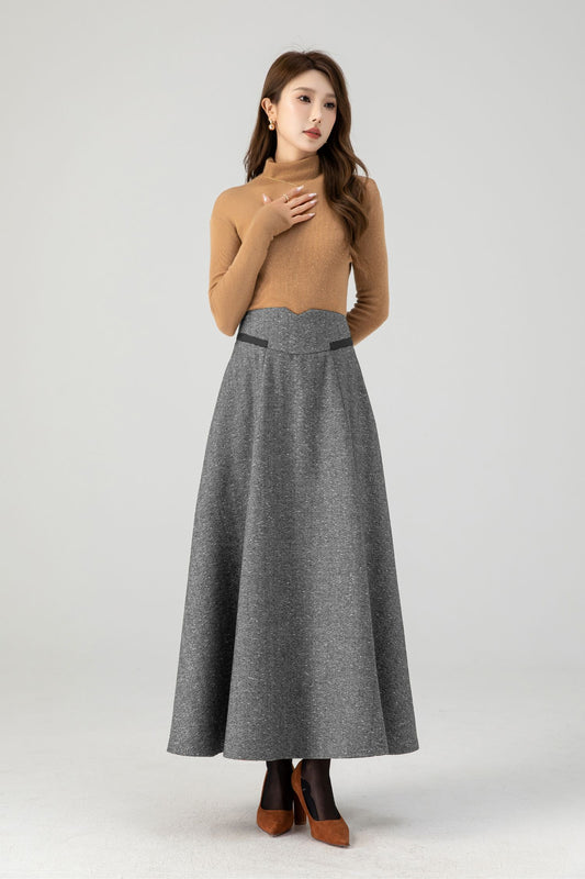 Grey Wool Blend Maxi Skirt With Flared A-Line Shape | Xiaolizi 5388
