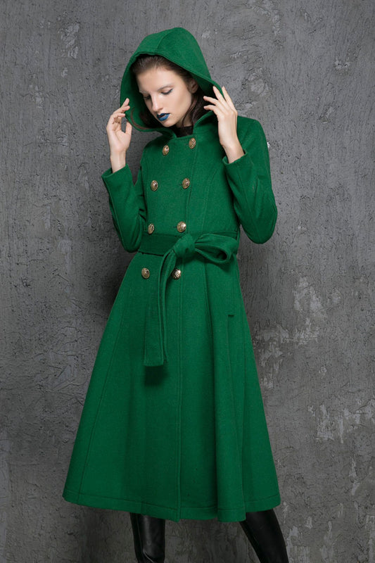 Classic Green Wool Coat with Hood – Double-Breasted A-Line – 1346