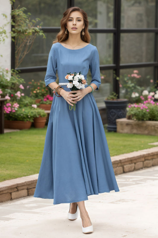 Light Blue Linen Midi Dress – Handmade Fit & Flare Garden Party Dress with Pockets | Xiaolizi 6734