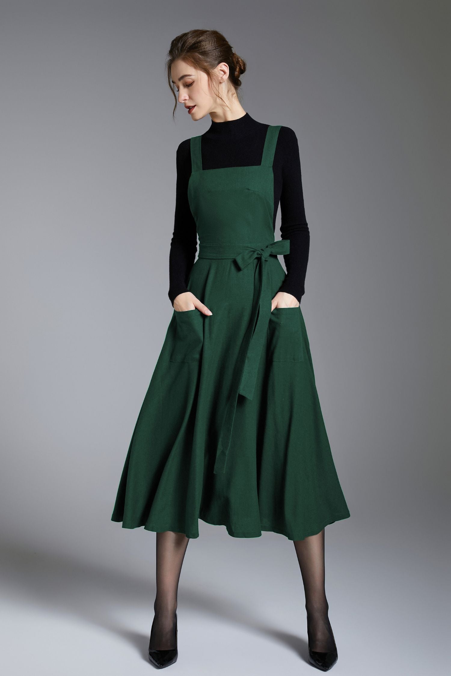 pinafore knee length dress Green Linen – Handmade Midi Apron Dress Green / XS signature style