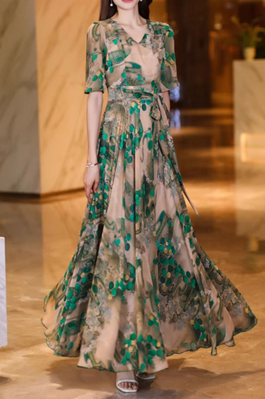 Floral printed maxi elegant chiffon dresses 5013