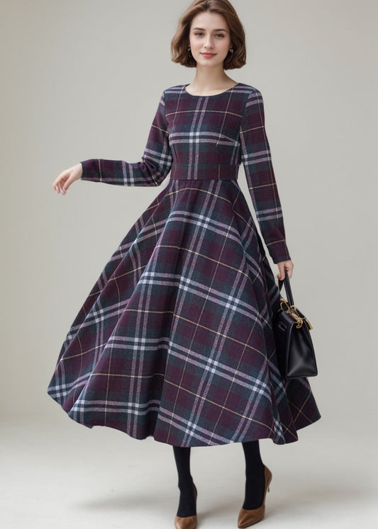 Women’s Wine Red Plaid Wool Midi Dress – Handmade Retro Fit and Flare | Xiaolizi 5308