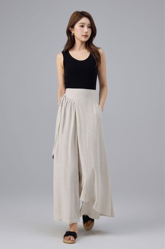 Beige Linen Cotton Wrap Pant - Wide Leg, Tie Belt Design | Xiaolizi 6763