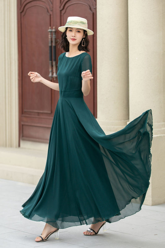Fit and flare green summer chiffon dresses 5144