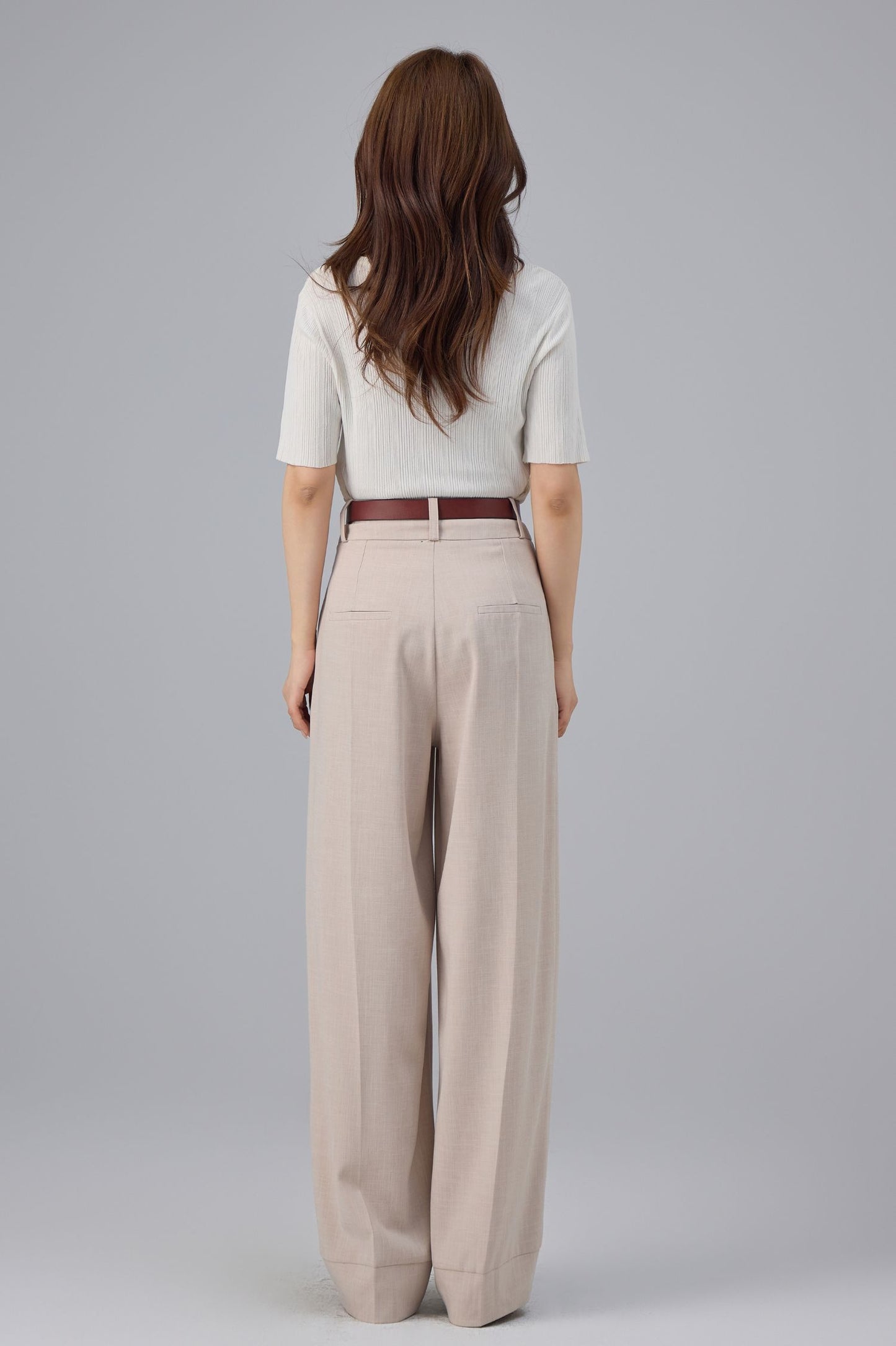 Beige Polyester Wide Leg Pants - High Waist Pleated | Xiaolizi 6761