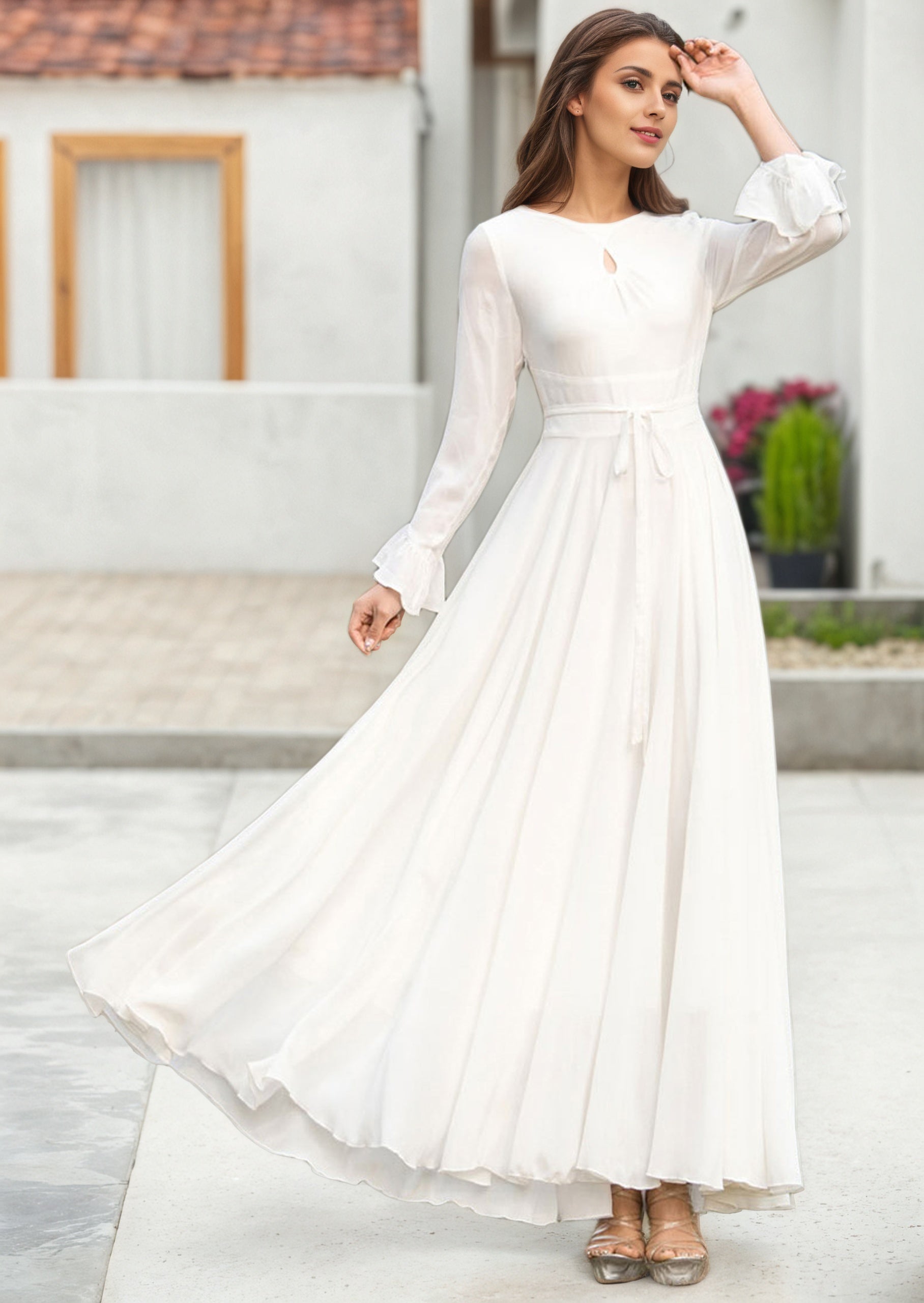 Elegant White Long Dress Flared Skirt & Keyhole Neckline 2622 Elegant White Long Dress Flared Skirt & Keyhole Neckline 2622