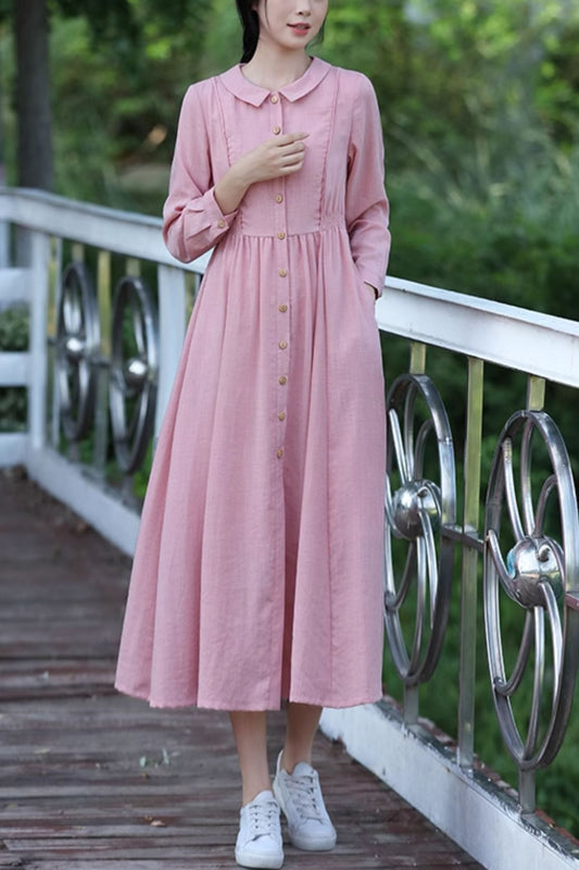 Pink Linen Midi Dress - Fit and Flare, Button-Front Detail 4821
