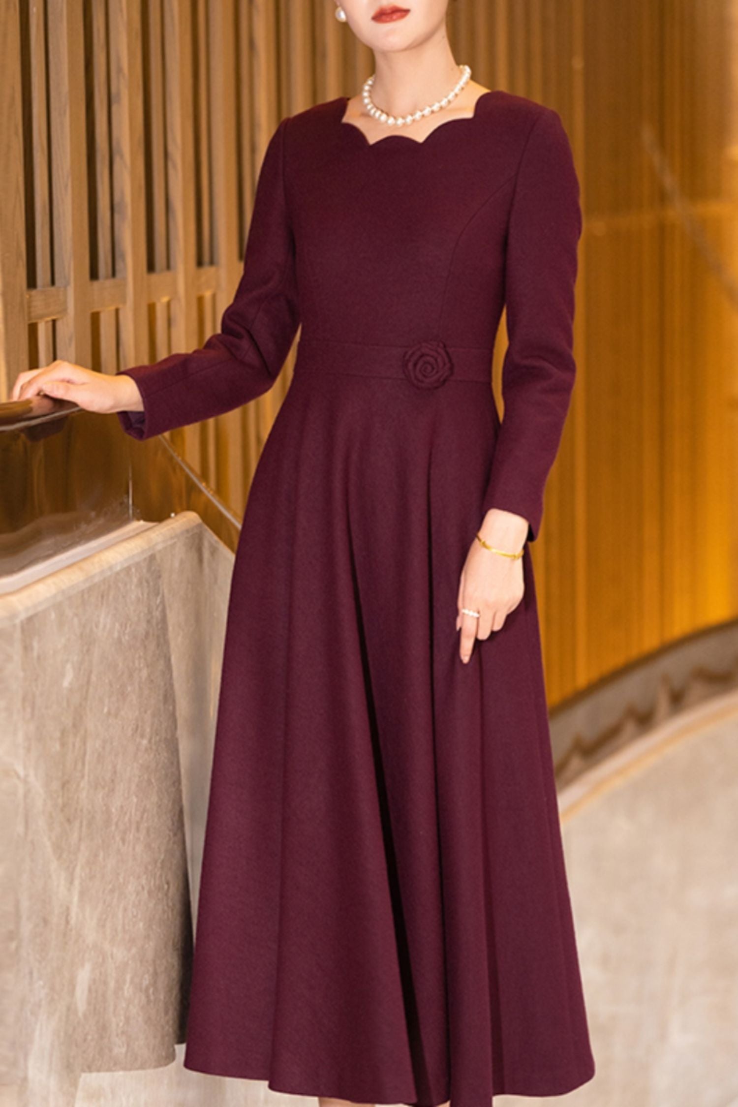 Burgundy long sleeves winter wedding wool dress TT0187 Xiaolizi Burgundy long sleeves winter wedding wool dress TT0187 Xiaolizi