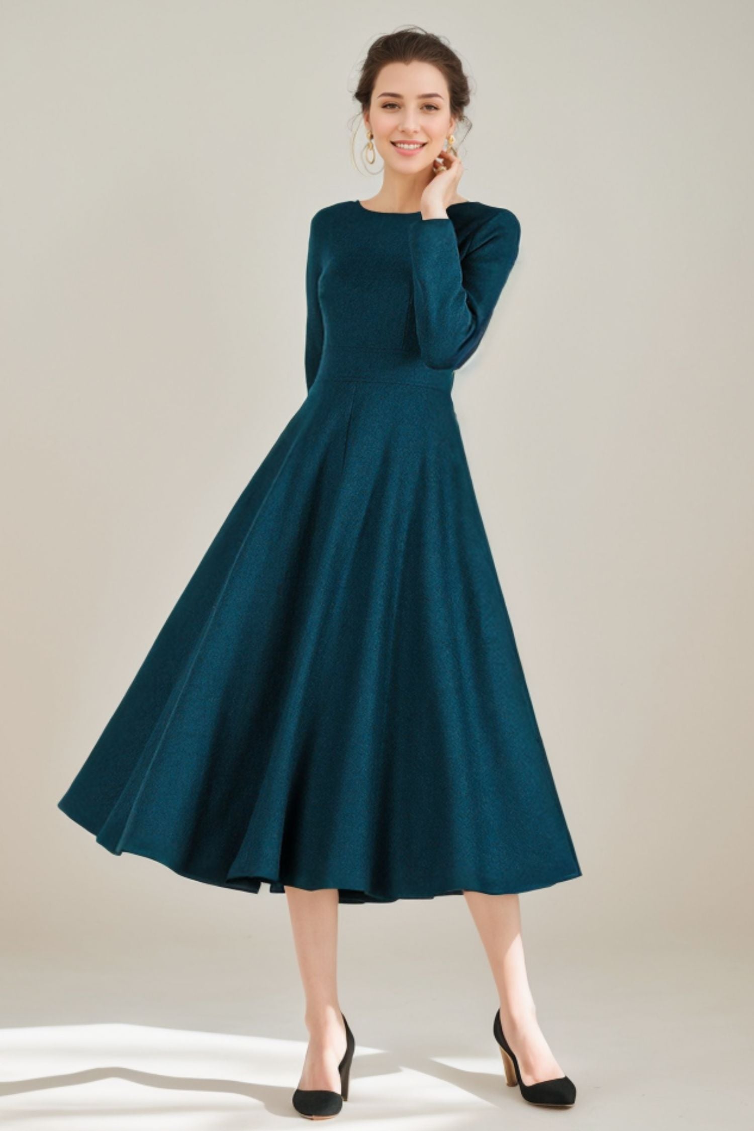 Handmade Teal Blue Wool Midi Dress Long Sleeve Fit and Flare | Xiaolizi 5253 Green / M Handmade Teal Blue Wool Midi Dress Long Sleeve Fit and Flare | Xiaolizi 5253 Green / M
