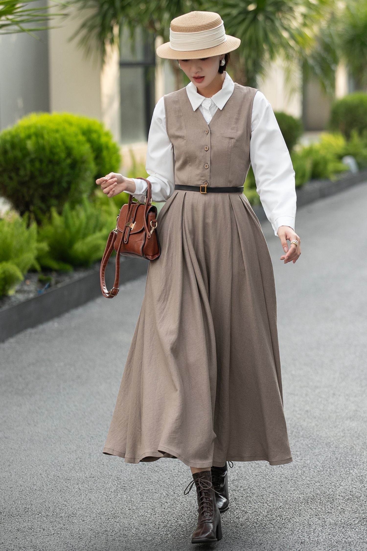 pinafore dress vintage Handmade Linen Pinafore Midi Dress – Vintage Sleeveless Style Brown / S