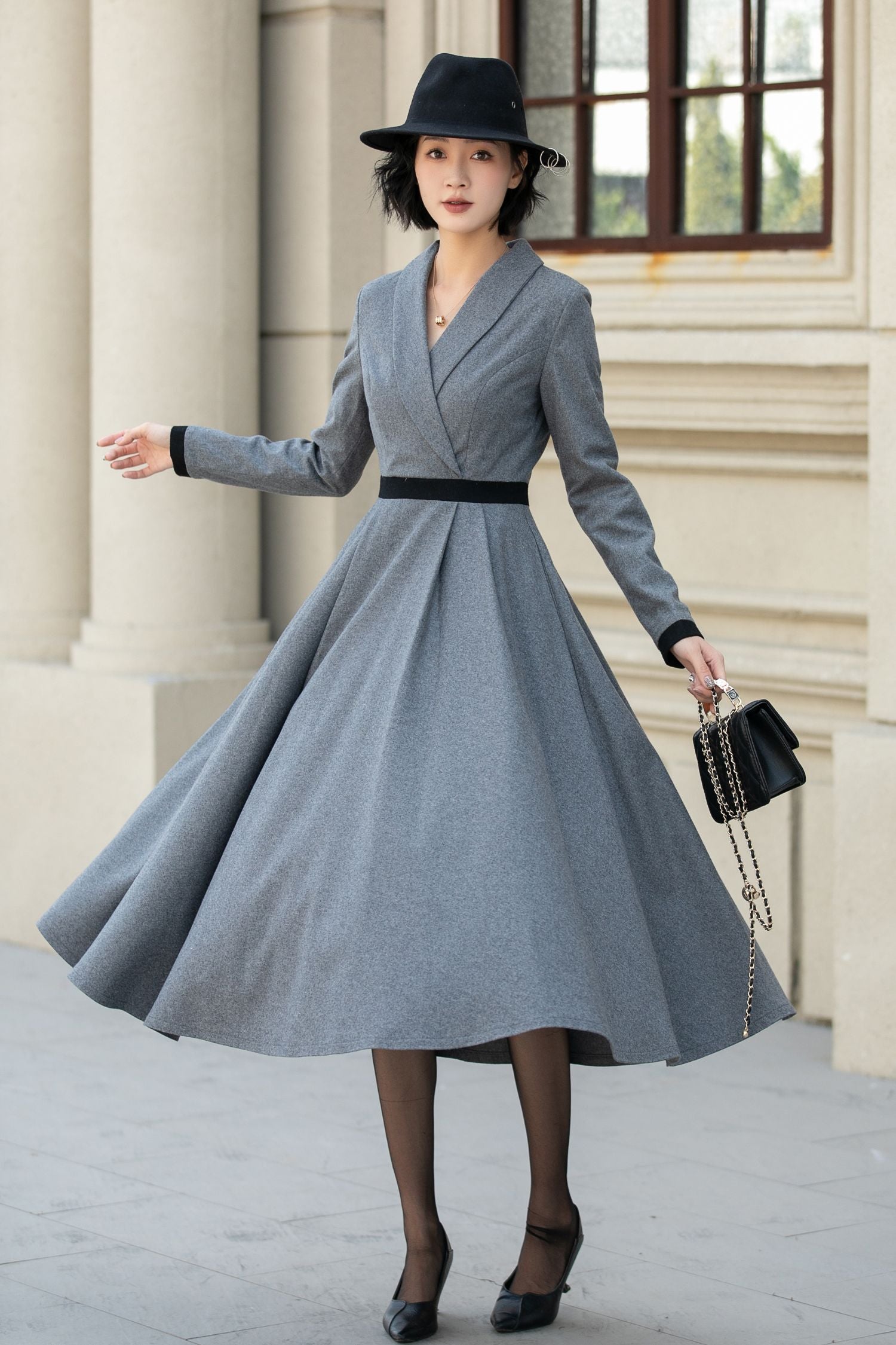 Gray Wool Fit and Flare Midi Dress Long Sleeve V Neck Dress 5457 Gray / L Gray Wool Fit and Flare Midi Dress Long Sleeve V Neck Dress 5457 Gray / L