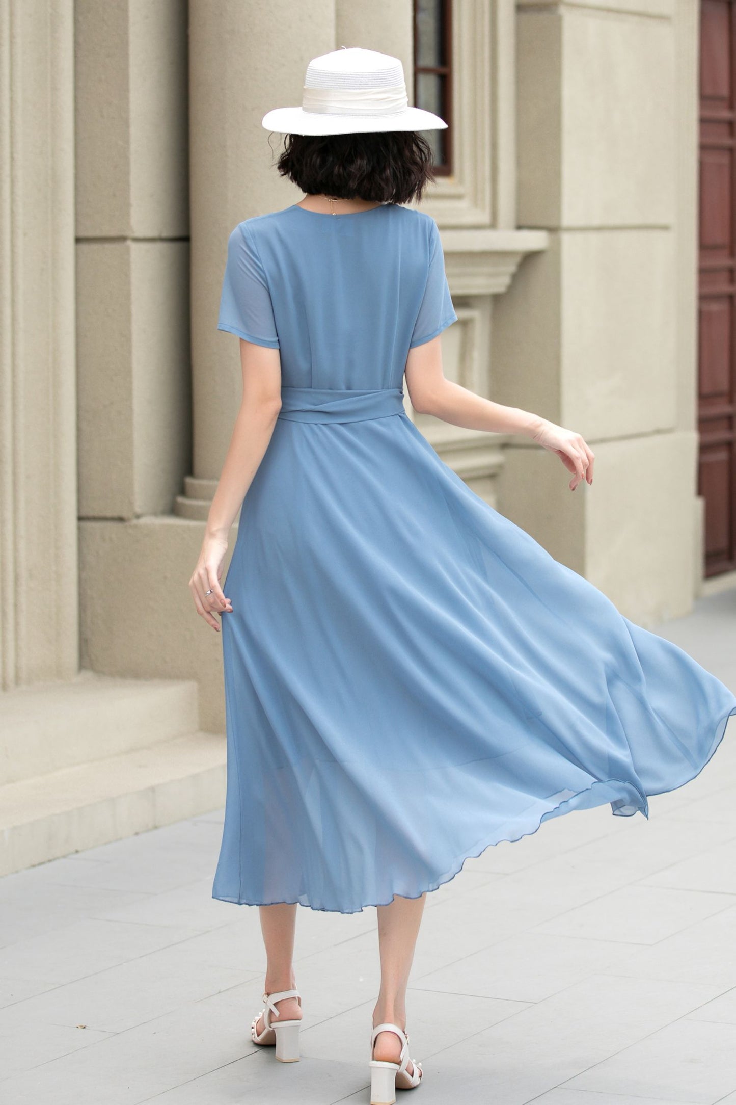 Light Blue Chiffon Dress – Fit & Flare Summer Swing Midi | Xiaolizi 5206