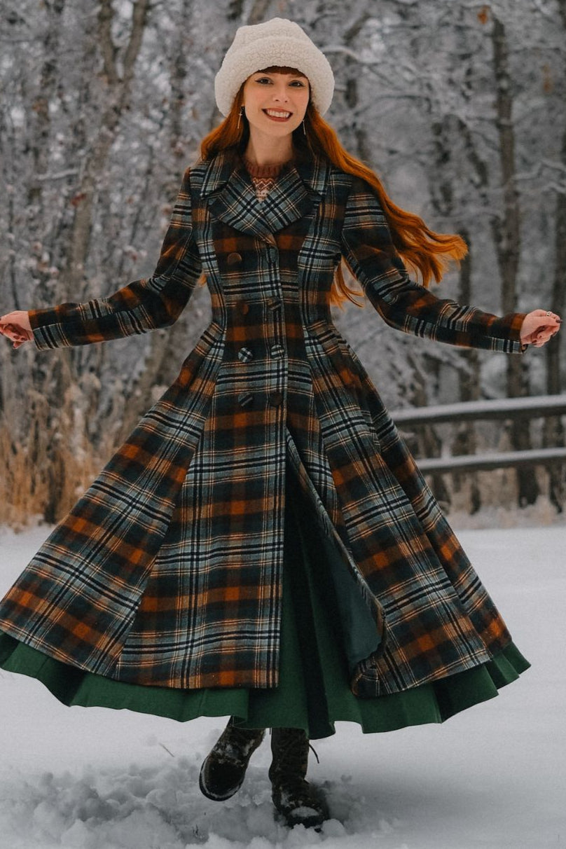Rust Brown Green Plaid Wool Coat – Vintage Winter Overcoat 4839