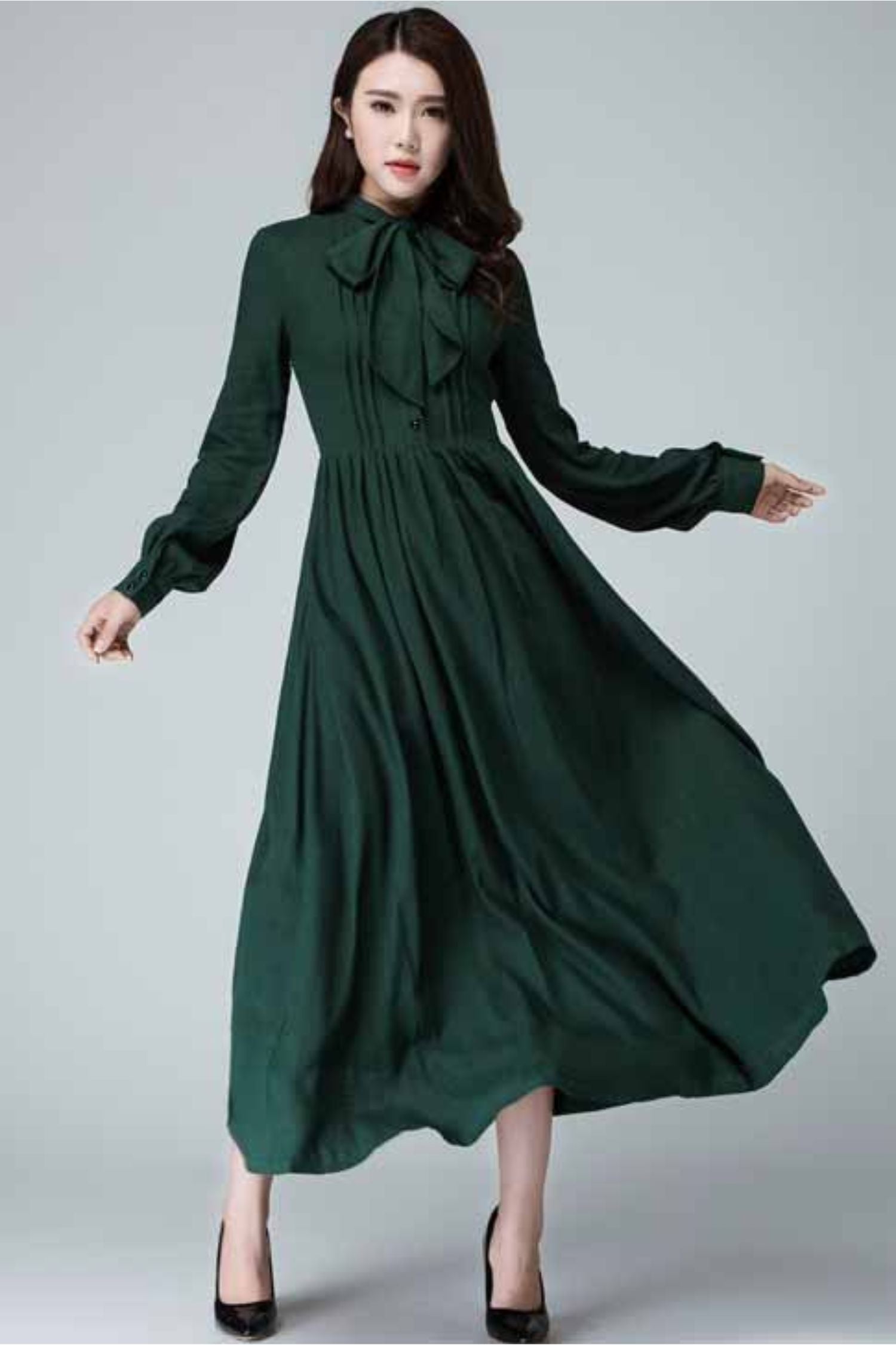 Green Linen Cotton Maxi Dress with Tie Neck | Xiaolizi 1455 Green Linen Cotton Maxi Dress with Tie Neck | Xiaolizi 1455