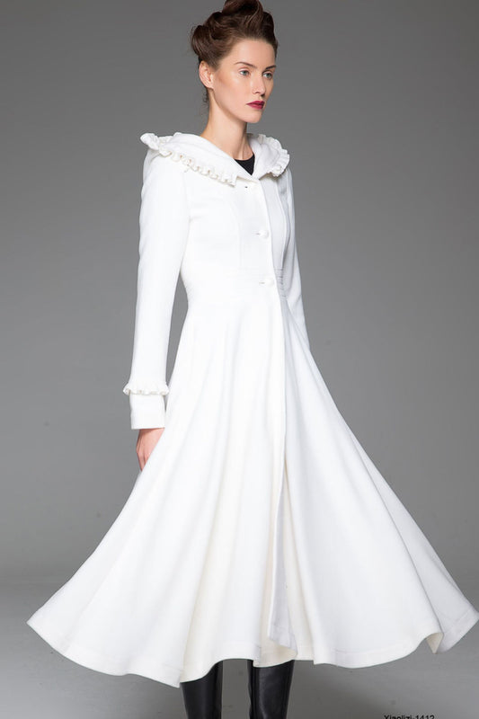 Winter Wedding Wool Coat – Handmade White Fit & Flare Hooded Coat | Xiaolizi 1412