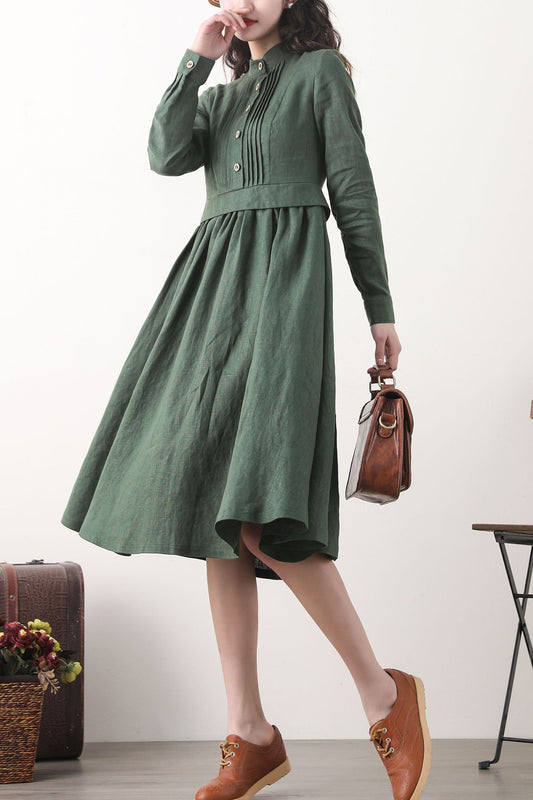 Green Linen Midi Dress - Pleated Shirt Style with Flowing Skirt 2576
