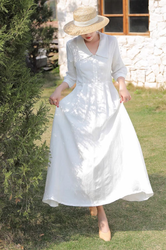 Red Linen Maxi Dress - Fit and Flare with Elbow Sleeves 4842