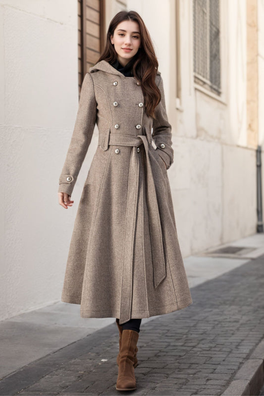 Classic Wool Coat – Taupe Double-Breasted with Hooded A-Line Cut – 5243