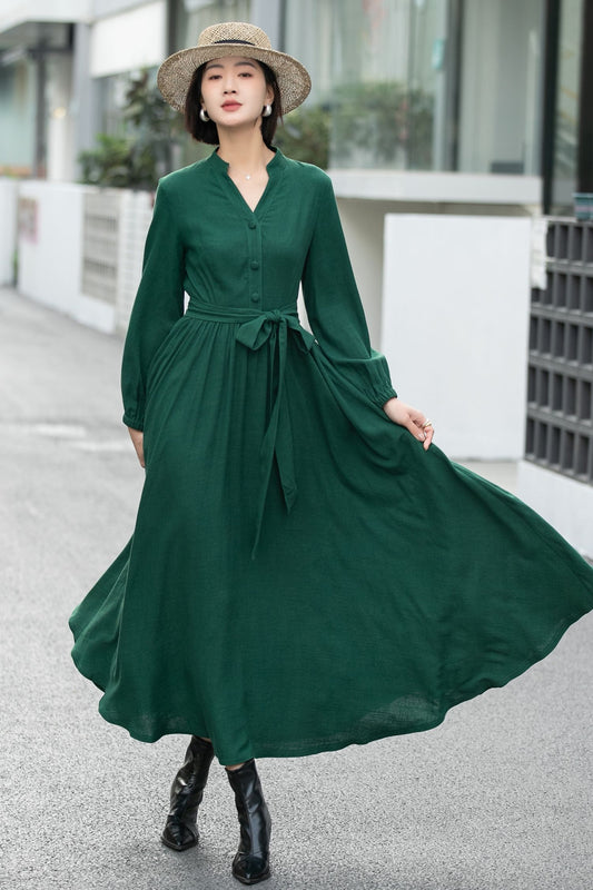 Green Linen Cotton Shirt Dress – Vintage Button-Up Midi Dress 6658