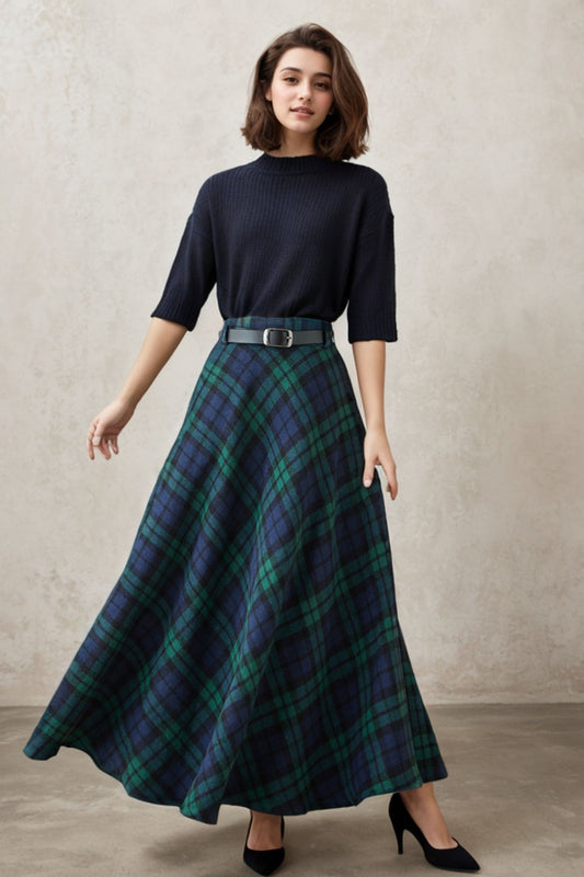 Navy & Green Plaid Wool Maxi Skirt – Vintage A-Line Winter Skirt with Pockets 5258