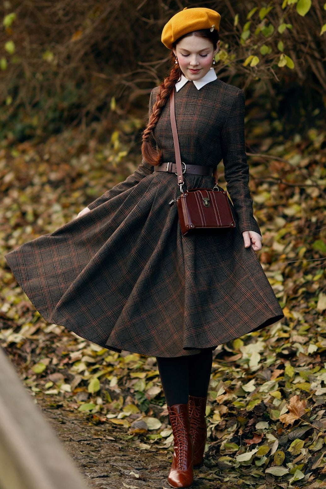 Brown Plaid Wool Midi Dress Handmade Vintage Winter | Xiaolizi 4814 Plaid / Custom Order Brown Plaid Wool Midi Dress Handmade Vintage Winter | Xiaolizi 4814 Plaid / Custom Order