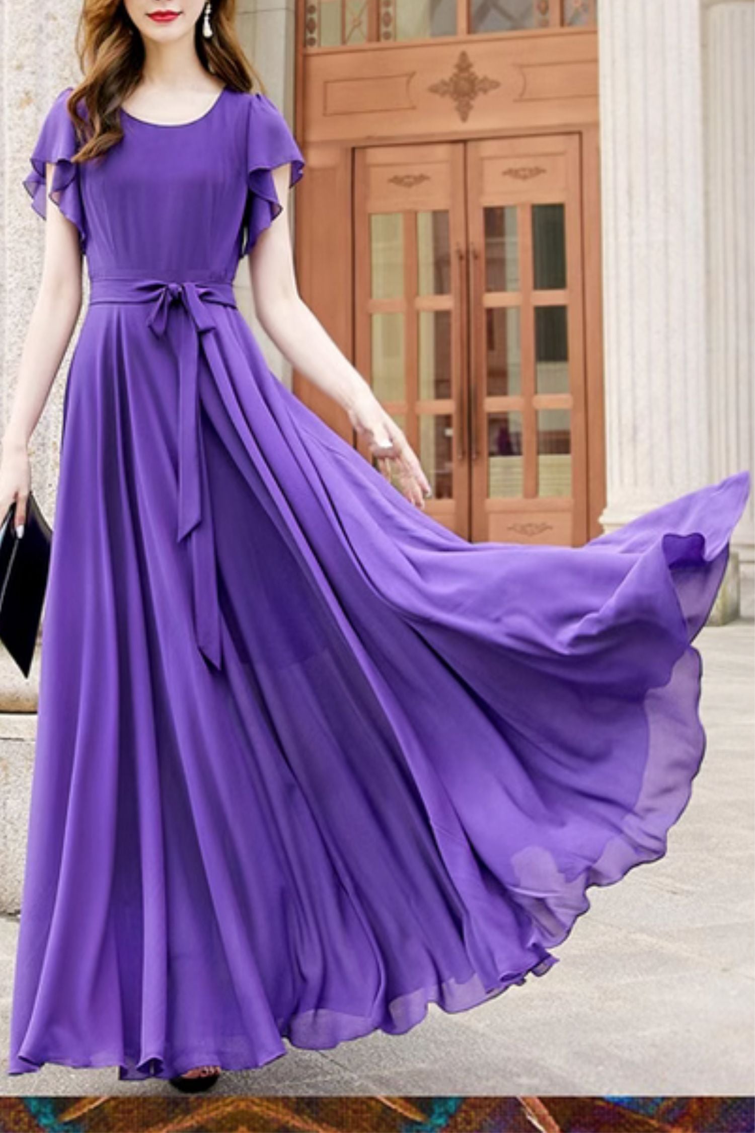 purple summer maxi dress Purple Chiffon Maxi Dress with Swing Silhouette and Ruffle Sleeves