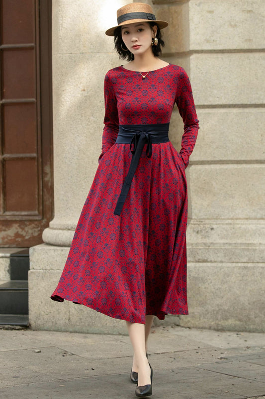 Xiaolizi Stretch Floral Belted Midi Dress – Long Sleeve with Pockets 5687