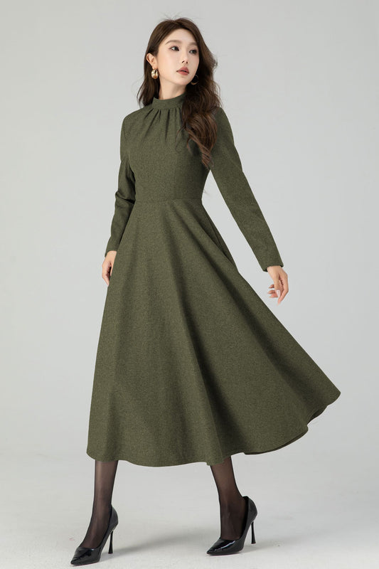 Retro army green swing wool dress 5441