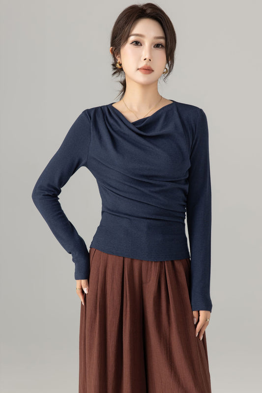 Navy Cotton Knit Long Sleeve Top – Slim Fit Drape Neck Shirt 5699