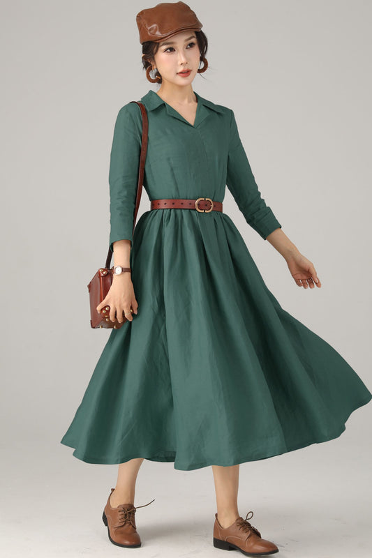 Women’s Green Linen Midi dress 5720