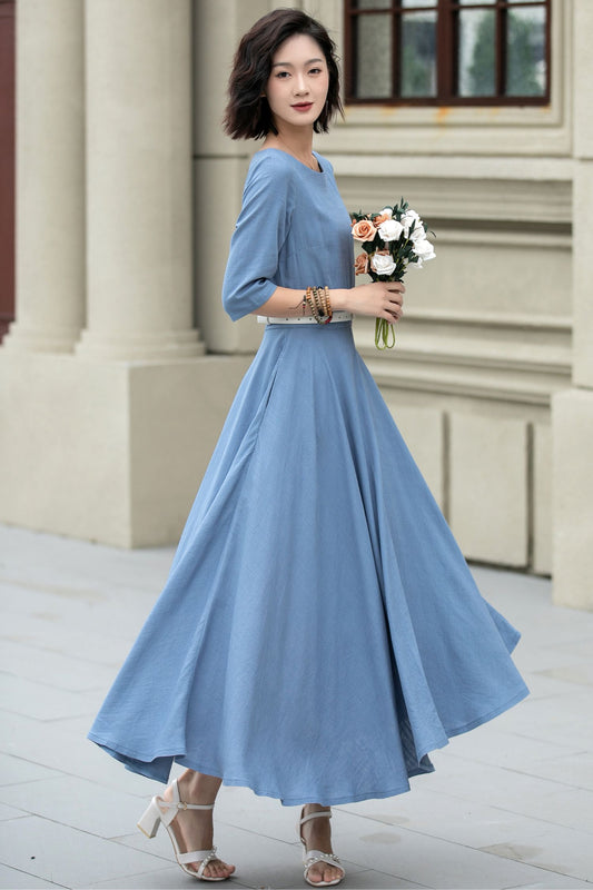 Handmade Light Blue Linen Cotton Midi Dress – Elegant Summer Fit & Flare with Pockets 5223