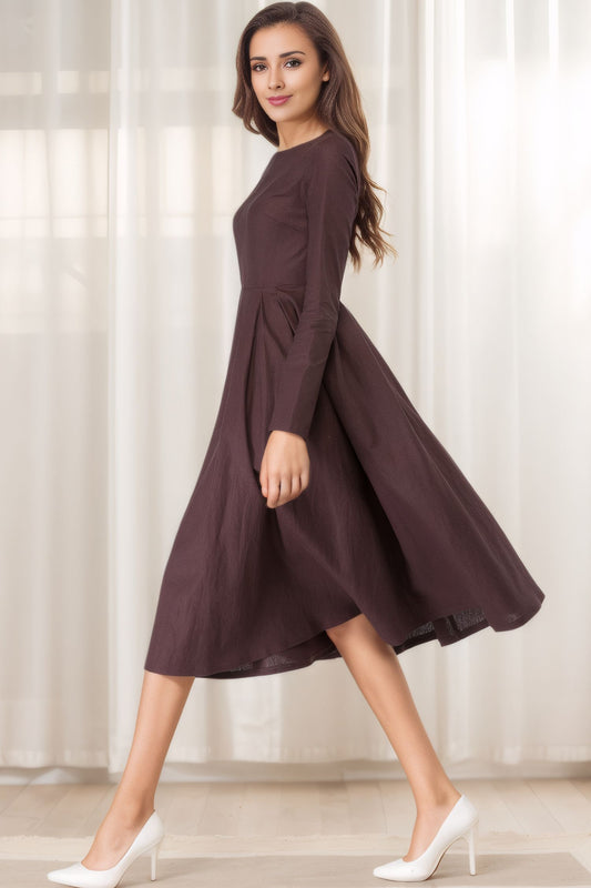 Brown Linen Dress - A-Line Silhouette with Boat Neck 5615