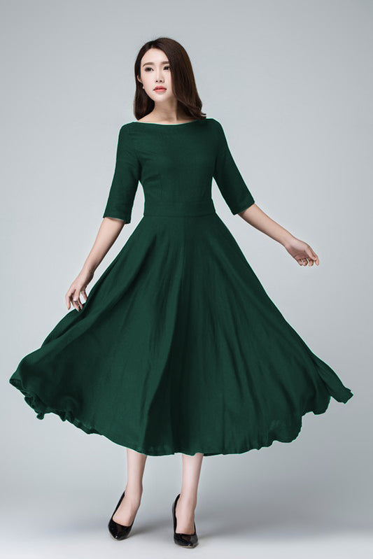 Xiaolizi Green Linen Dress – Vintage Fit and Flare Midi Dress with Pockets 6282