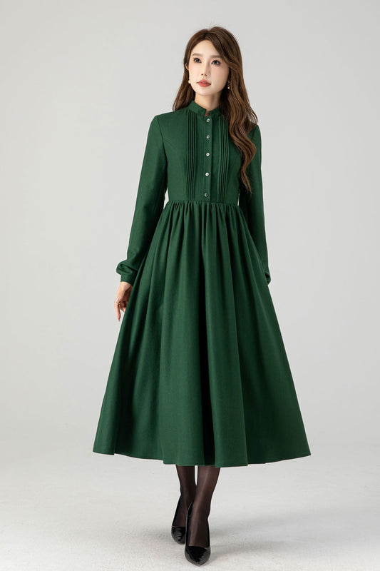 Green long sleeves winter wool dress women 4609