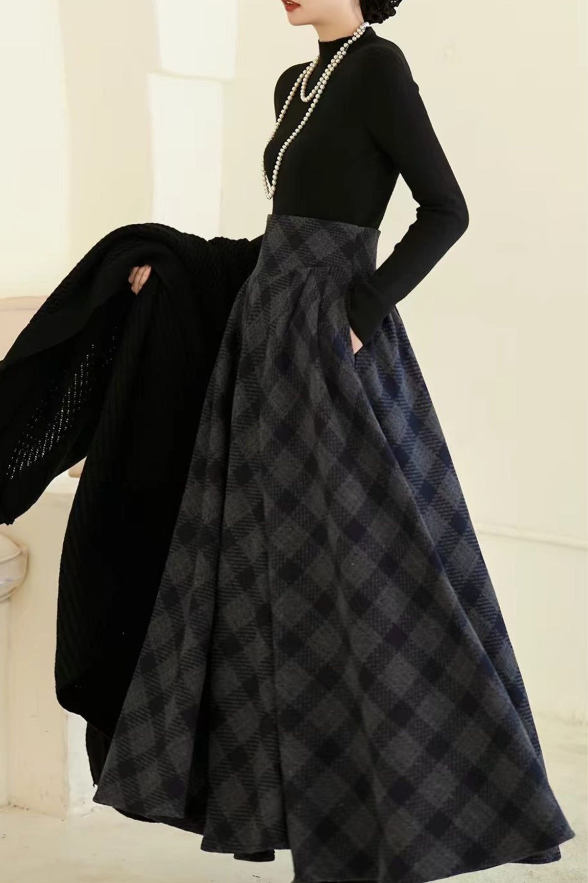 Vintage Navy Plaid Wool Swing Skirt- High Waist Swing Winter Midi Skirt 7021