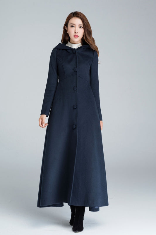 Handmade Blue Wool Coat – Vintage Inspired Hooded Maxi Overcoat 1637