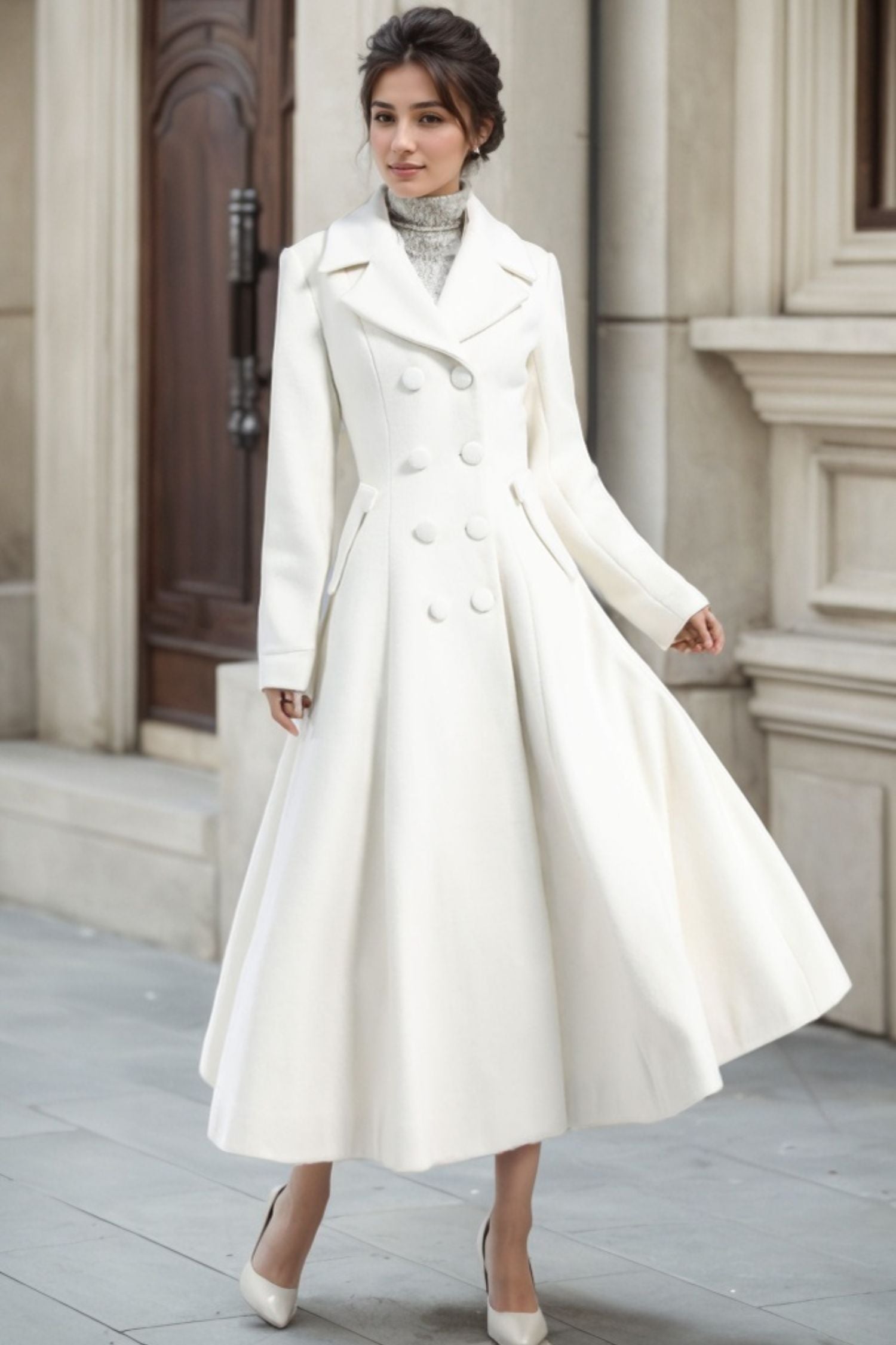 White Wool Maxi Coat – Vintage Double Breasted Winter Overcoat