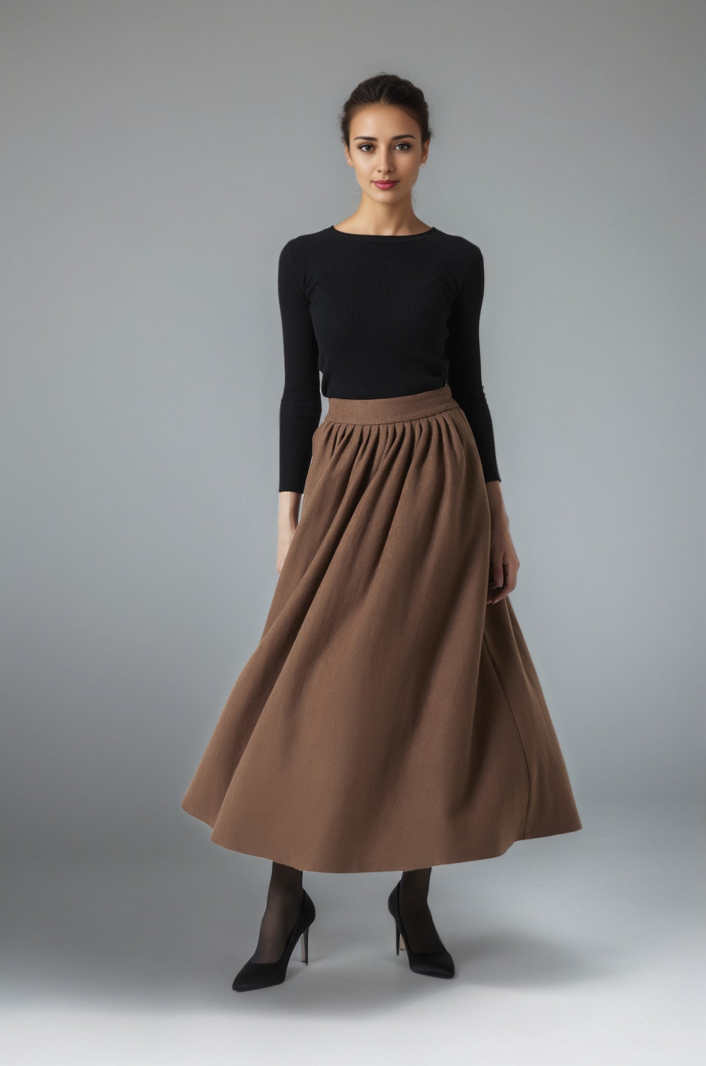 Brown Wool Maxi Skirt - Pleated with Back Elastic Waistband 6290