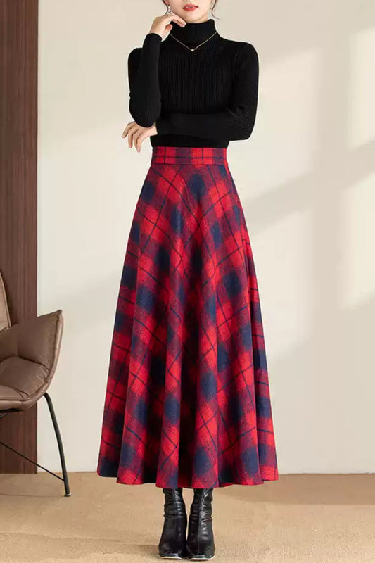 Maxi plaid winter long wool skirt 6200
