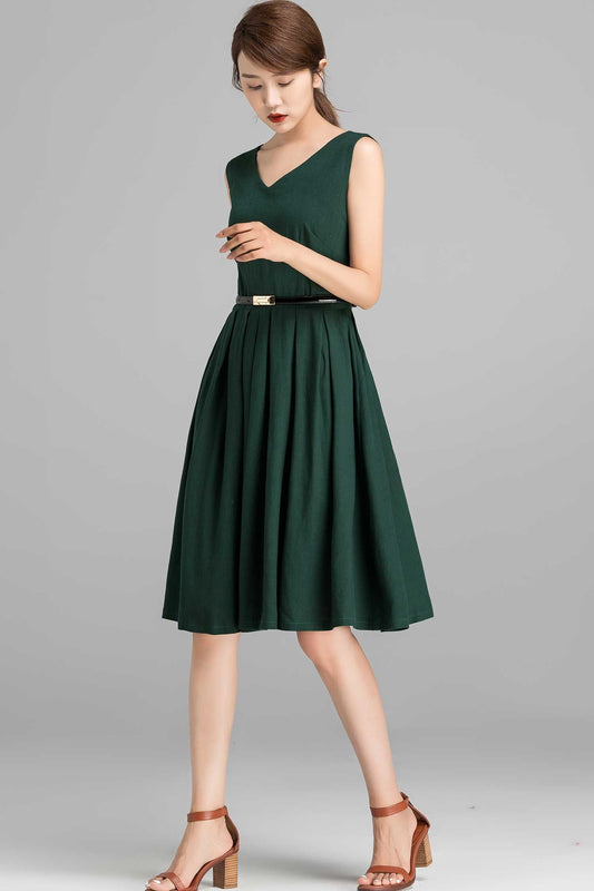 Green Cotton Linen Dress - Sleeveless V-Neck Fit & Flare 2357