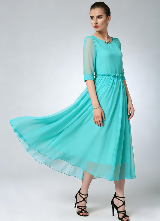 Blue Chiffon Midi Dress – Ruffle Waist Elegance | Xiaolizi 6783