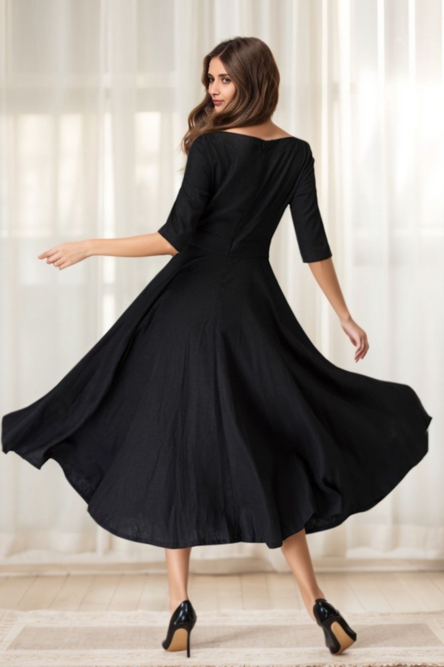 Black Linen Little Black Dress – Handmade Vintage Fit & Flare Midi Dress with Pockets | Xiaolizi 1458