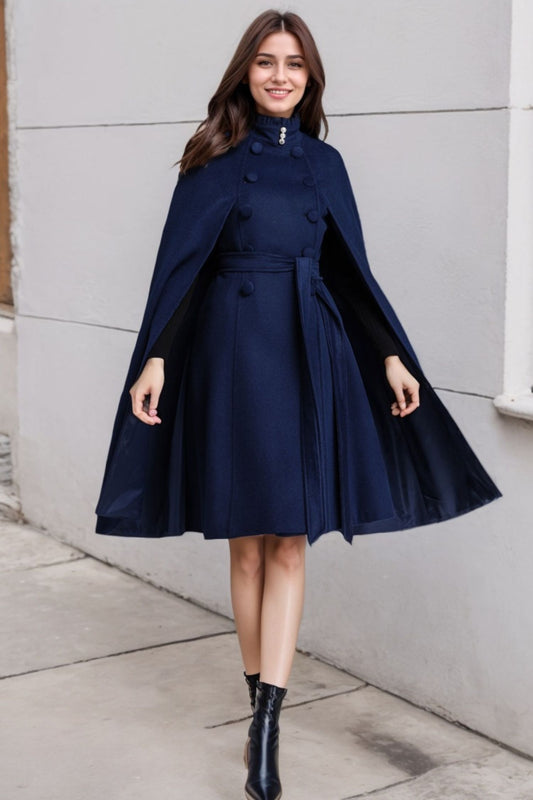 Blue Wool Cape Coat – Women’s Elegant Stand Collar Winter Cloak 2487