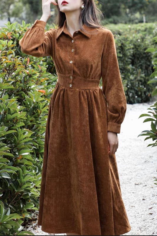 Long corduroy shirt dress women 4805