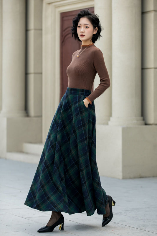 Plaid Wool Maxi Skirt – Vintage A-Line Winter Skirt with Pockets 5451