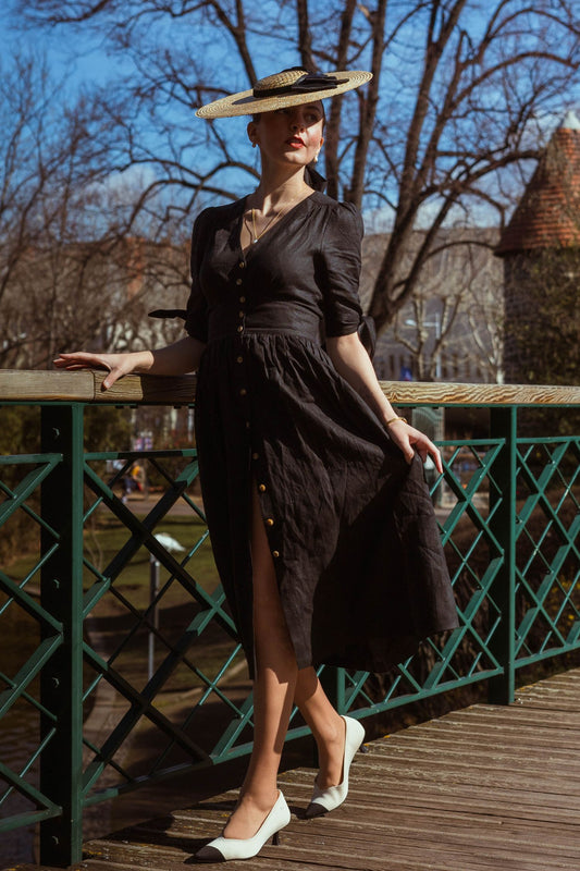 Black v neck Linen Dress 5207